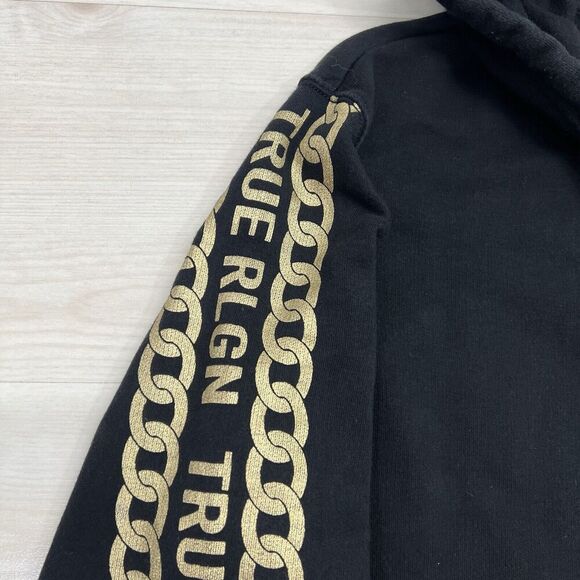 True Religion Hoodie Mens Small Black Gold Chain Spell Out Sleeves Full Zip - Picture 2 of 12